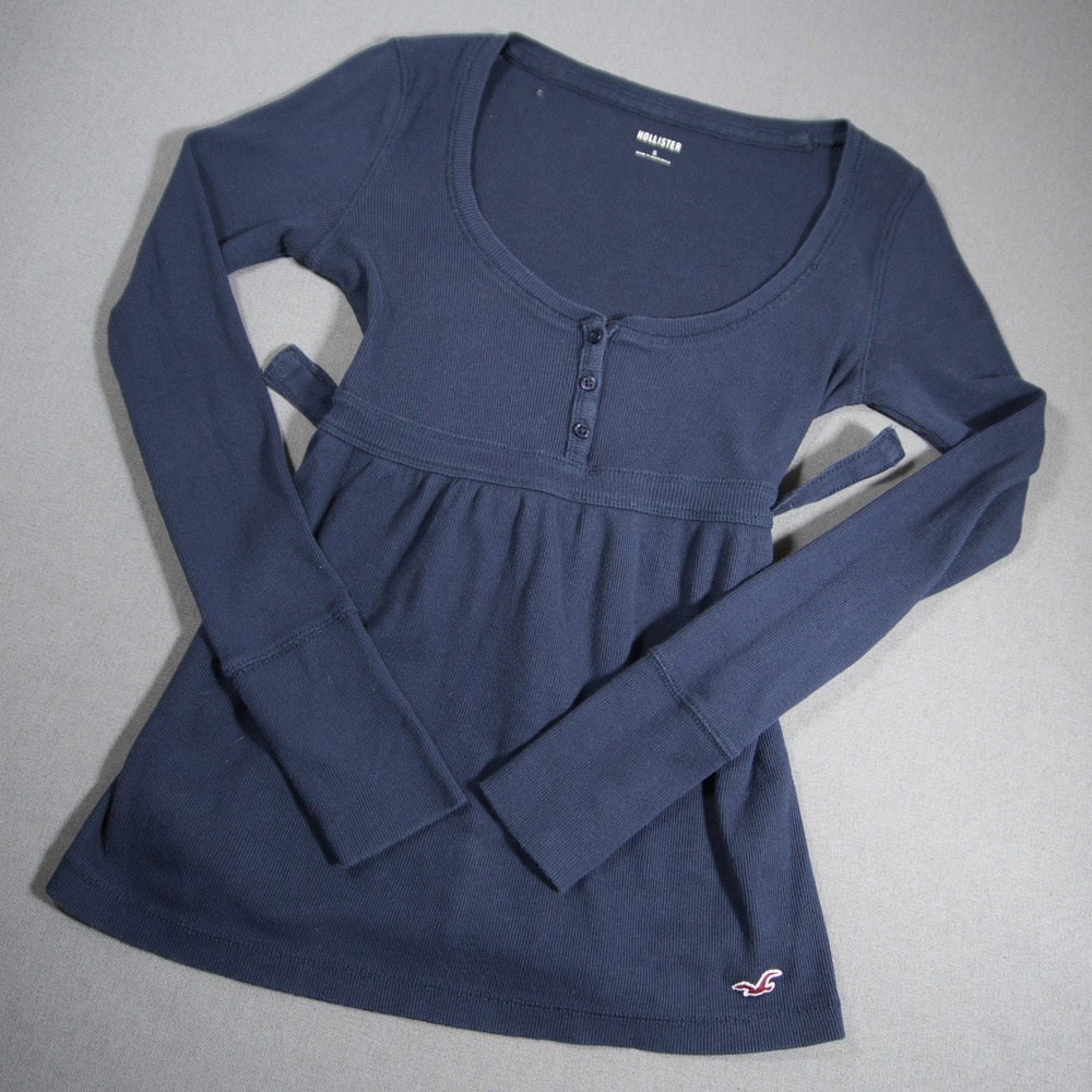 Y2K Hollister Babydoll Ribbed Tie-Back Henley Long Sleeve Women Top S Peplum